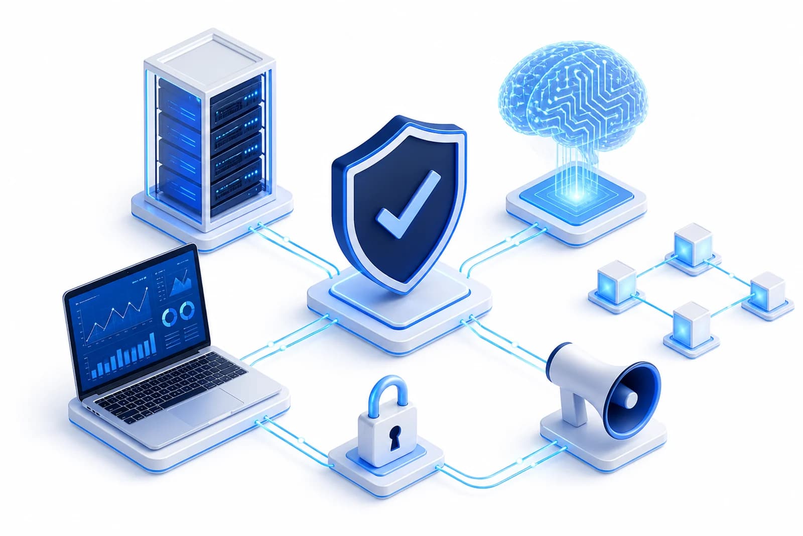 Servers, a security shield, analytics and an AI model connected as one system